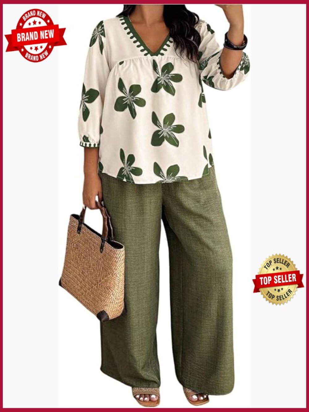 Plus Size Vacation 2 Piece Outfit Floral V Neck 3/4 Sleeve Blouse and Pants Set